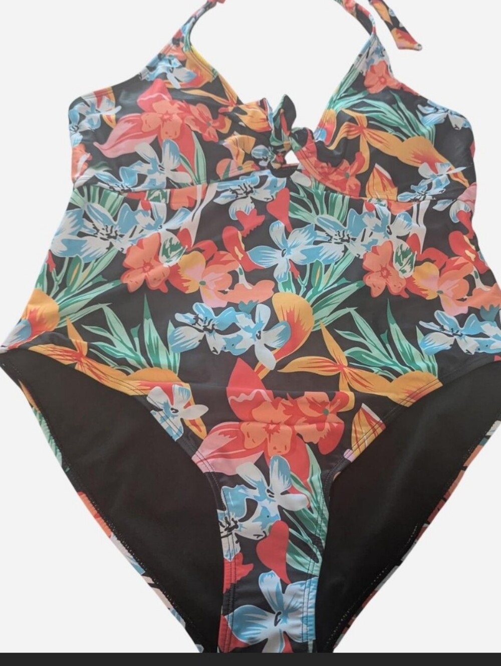 Floral Halter One-Piece Swimsuit in Black Multi